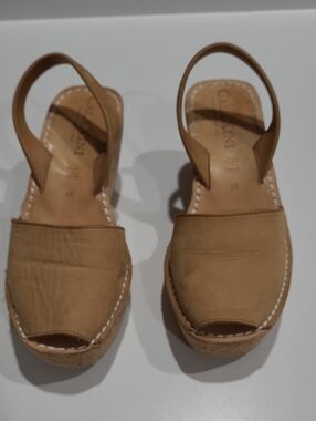 Calaxini Handcrafted Leather Avarca Tan  Espadrille Slingback Wedges - Size 7